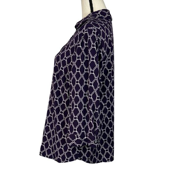 Chico’s SZ 2 (Large) Top Geometric Button-Up V-Neck 3/4 Sleeves Collared Purple - Picture 6 of 9